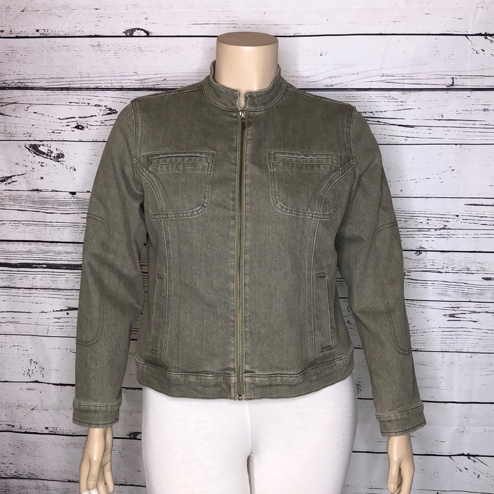 Christopher & Banks Size XL Green Long Sleeve Zip Front Denim Jean Jacket